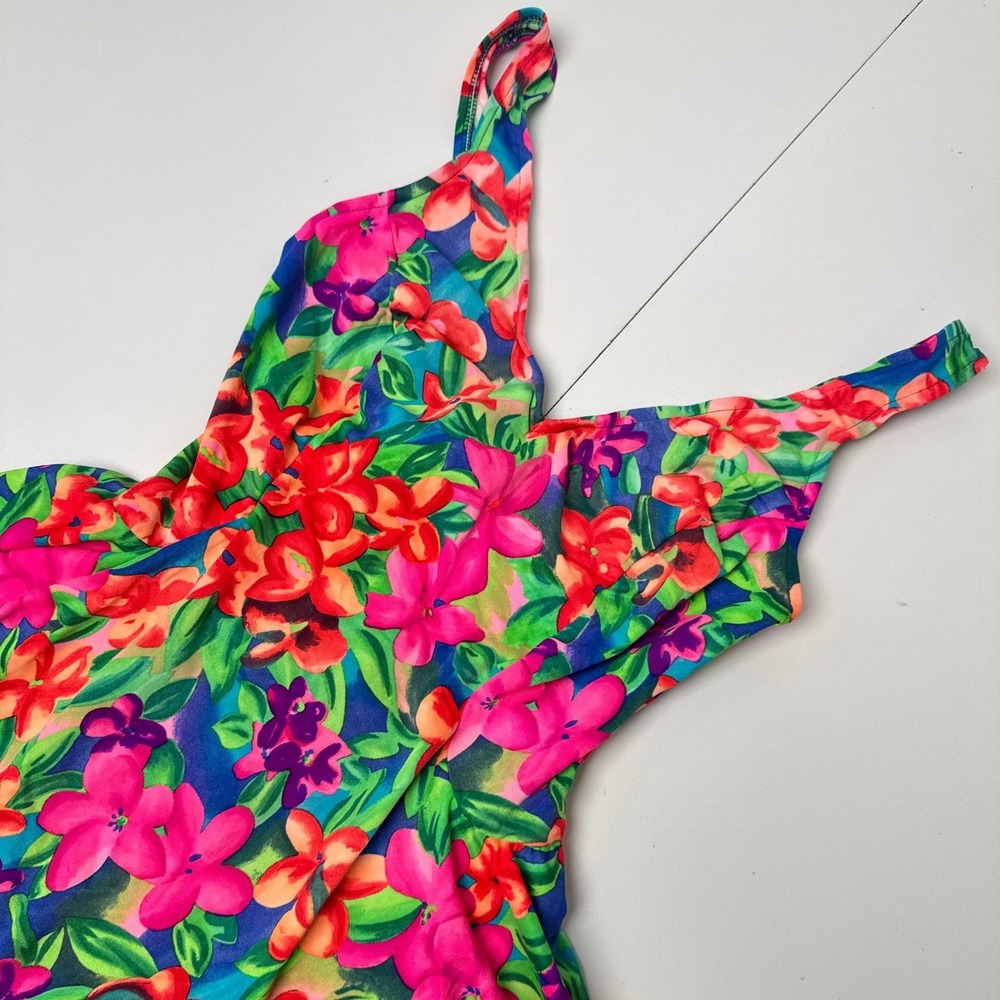 Vintage Tropical Floral Swim Dress Multicolor V-Neck One Piece Swimsuit Size 14